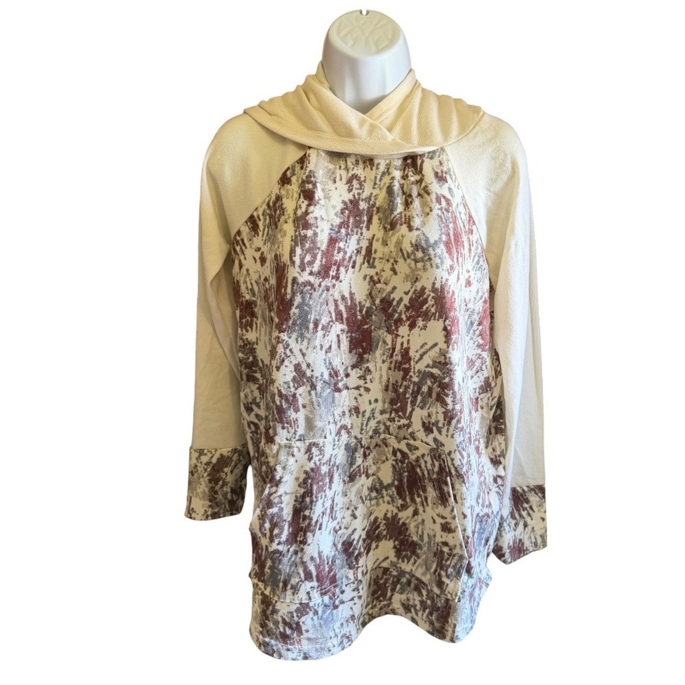 LuLaRoe Amber Hoodie Womens Medium Cream Burgundy Abstract Print Raglan Pullover